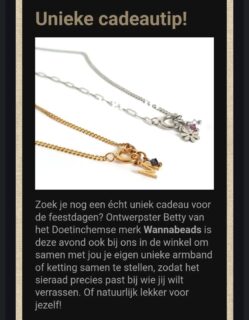 Op vrijdagavond 12 december van 18.00 tot 21.00 is de smaakmakende Struinavond bij... @struinfairfashion en @struinfairvoorhem 

Een extra koopavond waarbij je heerlijke gerechtjes, zoetigheidjes en drankjes kan proberen die gemaakt zijn met producten die in de winkel te koop zijn.

Er is mij gevraagd of ik ook aanwezig wil zijn met mijn zelf samen te stellen sieraden. Nou dat doe ik natuurlijk graag.
Dus deze avond ben ik weer aanwezig en help ik je graag met het samenstellen van  een mooi uniek sieraadje. Leuk als cadeautje, maar misschien nog wel leuker voor jezelf 😉